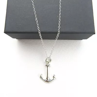 NEW- Thin Italian Silver 16  Rolo Chain Silver Anchor Pendant Necklace • $19.97