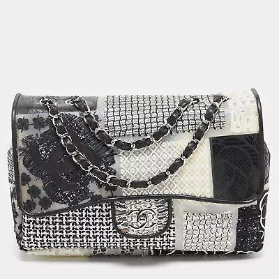 Chanel Black/White PVC Patchwork Tweed Jumbo Classic Single Flap Bag • $3339