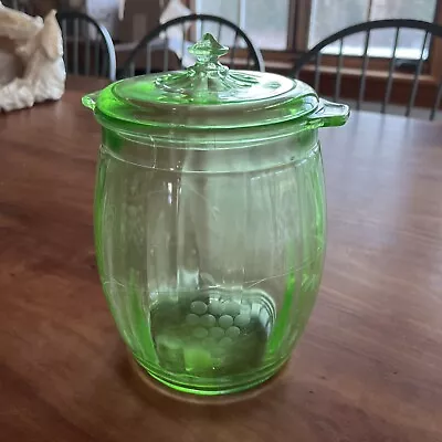 Green Depression Glass Lidded Canister Jar Vintage Engraved • $49