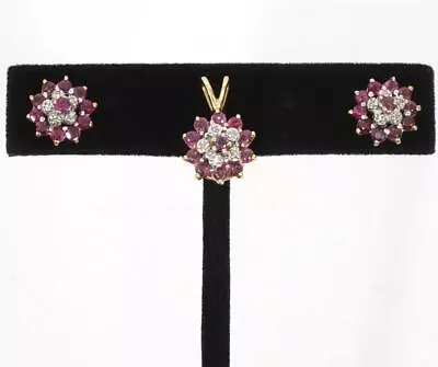 9K Yellow Gold Natural Ruby & Diamond Pendant And Pierced Earrings Set 3.9g • $224.99