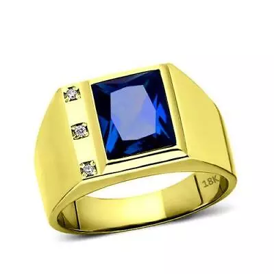 Men's Solid 18K Gold Blue Sapphire Ring 0.06ct Natural Diamonds Fine • $1049