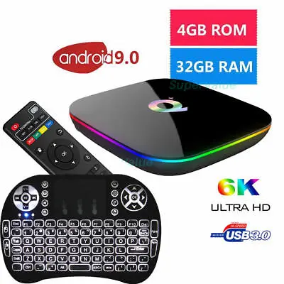 Q-Box Plus Quad Core 4GB+32GB Android 9.0 TV Box Smart HD+Mini Wireless Keyboard • £44.99