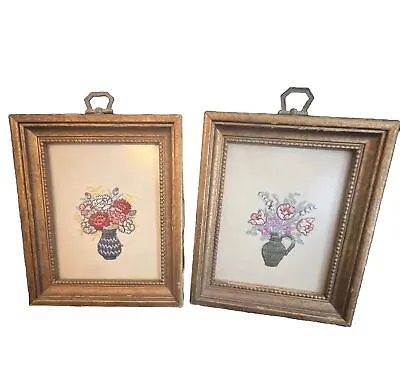 2 Vintage Crewel Floral Framed Pictures Hand Embroidered 6”x5” • $36
