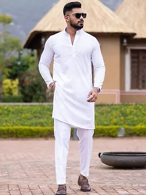 Indian Cotton Handmade Chikankari White Kurta Pajama Set For Men's Kurta Pajama • $45.99