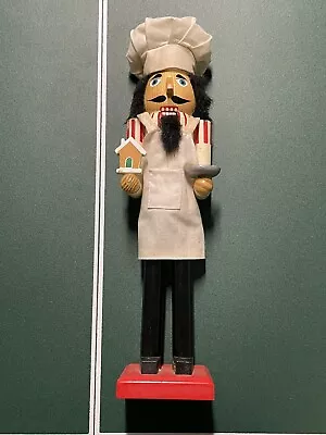 Wooden Chef Baker Nutcracker Statue Apron Holding Gingerbread House Bread 15  • $25