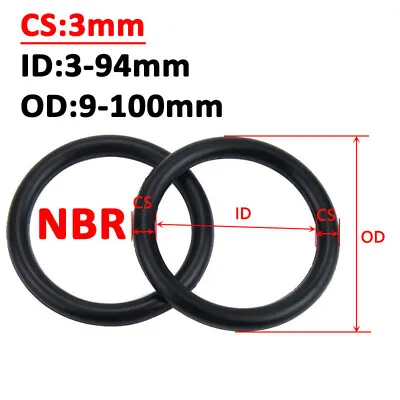 CS 3mm O-Ring Nitrile Rubber Black Oil Seal Gasket Metric ID 3mm-94mm OD 9-100mm • £1.73