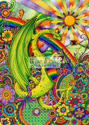 Rainbow Dragon Greetings Birthday Card Drawn In The UK Flowers Pagan Hippy Wicca • £1.95