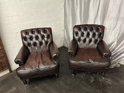 Chesterfield High Back Chairs A Beautiful Matching Pair In Dark Oxblood Red • £795