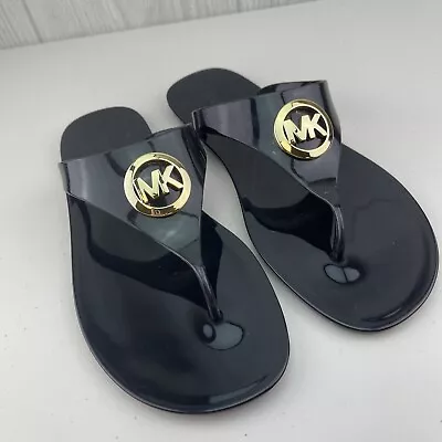 MICHAEL KORS Lillie Jelly PVC Thong Black Gold Logo Flip Flop Sandals Sz. 11M • $34.95