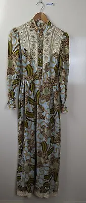 Vintage Zandra Rhodes 1970s Long Sleeve High Neck Maxi Dress Green Brown Lace XS • $163.07