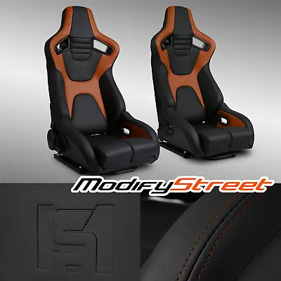Black+Brown PVC Reclinable Sport Racing Seats Pair W/Slider Left/Right • $425.98