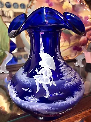 Fenton Cobalt Blue Fluted Vase Girl With Umbrella Walking In Rain Gorgeous  Nib • $271.75