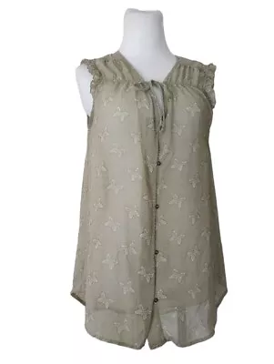 Matilda Jane Green Butterflies Patten Sheer Shirt Womens Size M Casual Tie Top • $9.85