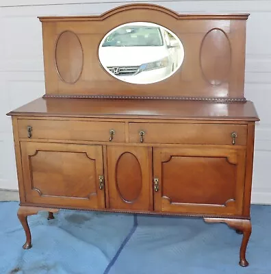 Antique Oak Sideboard Buffet / Server With Beveled Mirror • $1650