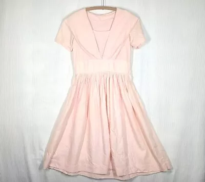 Vtg 50s Party Dress Powder Pink Brocade Taffeta Knife Pleat Pinup MCM M VLV W30 • $74