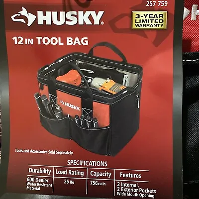 Husky 12 In. 4 Pocket Zippered Tool Bag - Wide Mouth Opening- Water Resistant • $15.95