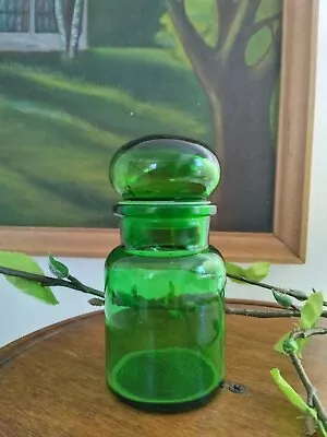 Vintage Green Glass Apothecary Jar Bubble Top Lid Made In Belgium. 5  • $12