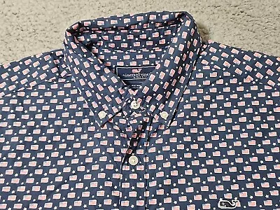 Vineyard Vines Size Large Blue Classic Fit Murray SS Shirt American Flag USA • $22
