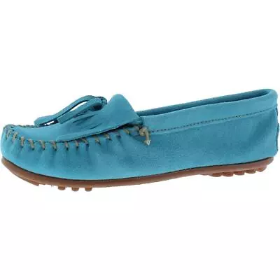 Minnetonka Womens Blue Suede Bow Moccasins Shoes 8.5 Wide (CDW) BHFO 6294 • $17.99