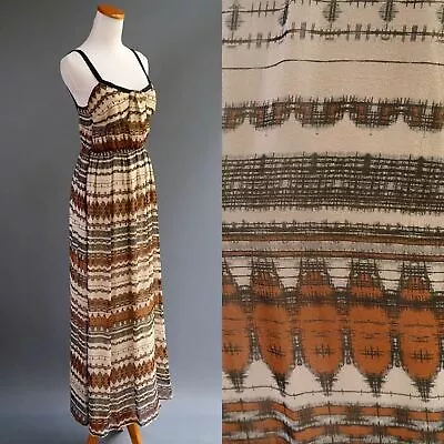 Myne Ashley Ann 100% Silk Maxi Dress Earthtone Colors Tribal Graphic Pattern 2 • $59.99