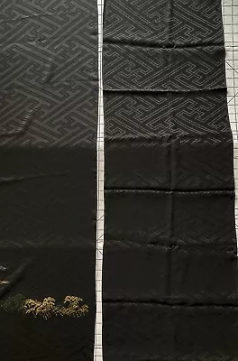 Vintage Black Tomesode Kimono Silk Shiny Rinzu Geometric Design 83 Inches Total • $13.50