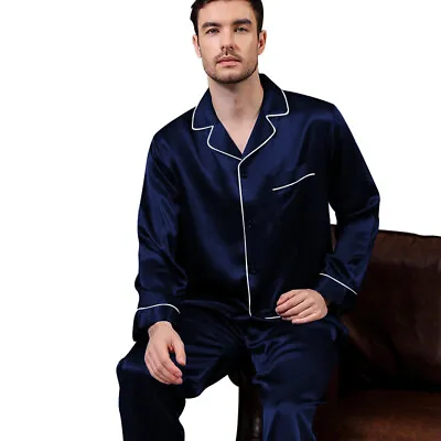 Mens Silk Satin Pajamas - PJ Set  - Navy White Piping  '' 5 Day Delivery '' • $19.50