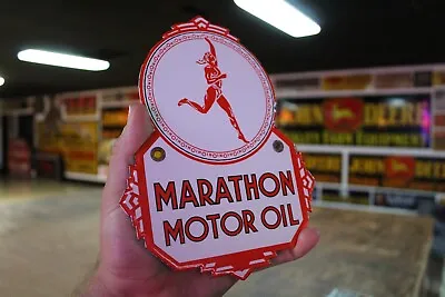 Marathon Running Man Motoroil Dealer Porcelain Metal Sign Gas Soda Ford Chevy • $70