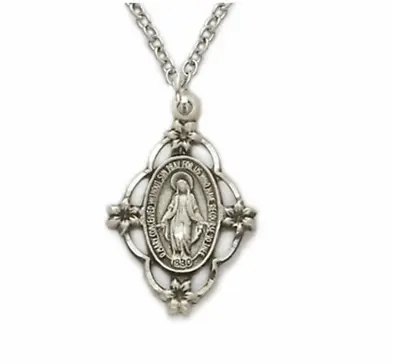 Sterling Silver Filigree Oval Miraculous Mary Without Sin Medal Necklace & Chain • $59.99