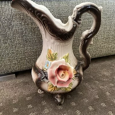 Large Porcelain LCS Capodimonte Vase Carved Flowers Pitcher Made In Italy • $49.95