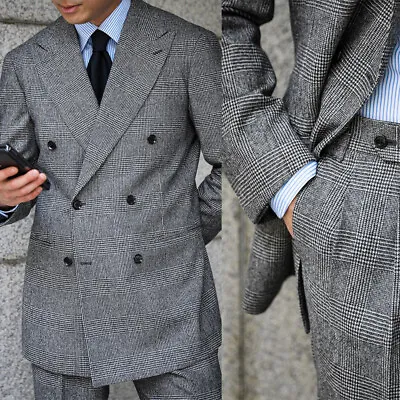 Vintage Men Suits Double Breasted Houndstooth Formal Prom Blazer Pants Tailored • $100.09