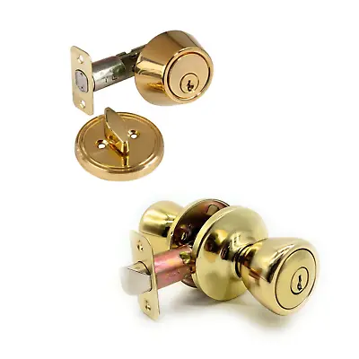 Single Cylinder Deadbolt Entrance Entry Door Knob Lock Combo Set Polished Brass • $26.99