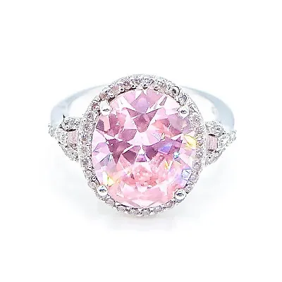 Sterling Silver Pink Morganite Ring With CZ Halo Size 6 • $228