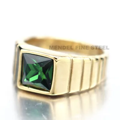 MENDEL Mens Womens Gold Plated Green CZ Stone Ring Men Stainless Steel Size 7-13 • $12.99