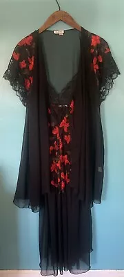 VTG Blanche Nightgown & Peignoir/Robe Set Sheer Sexy Slit Black Red Size L • $53.99