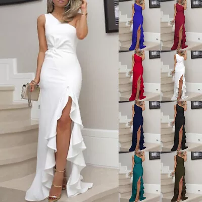 Ladies Sleeveless Long Maxi Dress Ruffles Split Party Cocktail Dresses SIZE 6-20 • £11.99