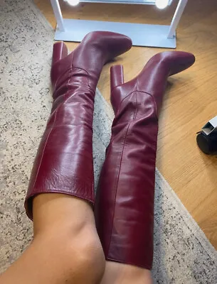 £50 • Buy Womens Zara Burgundy Red Leather Knee High Heel Boots UK 7 EU 40 US 9.5