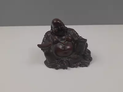 A Brown Resin Laughing Buddha With Neck Beads - 9.5 Cm Tall • £7