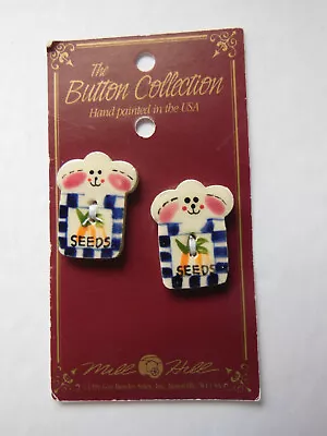 VTG Mill Hill Buttons - 2 RABBITS IN SEED PACKAGE - New On Card • $10