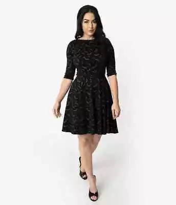 Unique Vintage Black & Grey Bats Halloween Print Stephanie Fit & Flare Dress L • $79.99