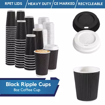 Disposable Black Ripple Cups Triple Wall Black Paper Coffee Cups Reusable Lids • £8.60