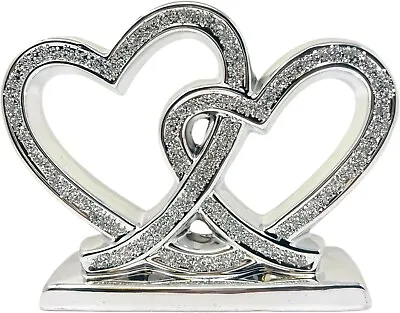 Crushed Diamond Silver Double Heart Love Ornament Square Base • £119.99