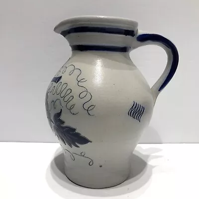 Pottery Jug Vase Stoneware Grapes Vines Salt Glazed Cobalt Blue M Schillz VTG • $25.95