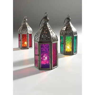 ⭐ Moroccan Style Indian Tonal Iron Glass Lantern Tea Light Holder Home Garden • £9.99
