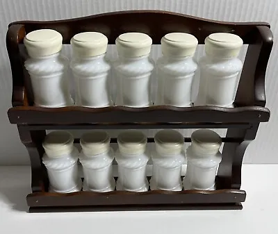 $32 • Buy Spice Rack 10 Milk Glass Spice Jars Vintage Wood Rack  2 Tiered 