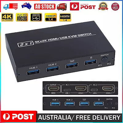 HDMI KVM Switch Box 2 Port USB 4K HDMI Switcher For Mouse & Keyboard Sharing AU • $32.17