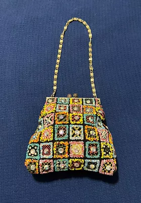 VTG Delill 1950's Needlepoint Tapestry Gold Chain Diamond Beaded Kiss Snap Purse • $30