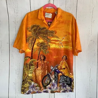 Vintage Boho Hawaiian Shirt With Girls On Motorcycles Flaws Size Large • $15