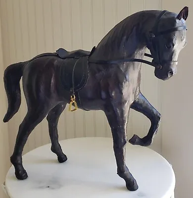 Equestrian Leather Wrapped Horse Statue Vintage Steed Figure With Saddle 13” • $49.95