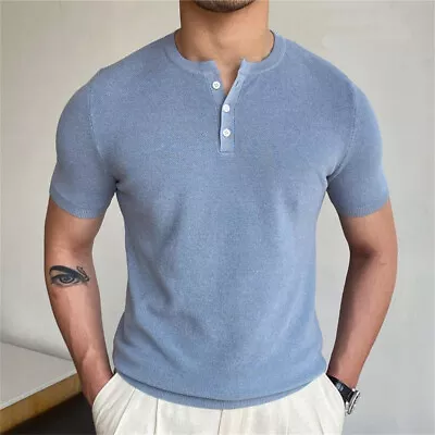 Mens Casual Front Placket Slim-Fit T-Shirts Short Sleeve Knitted Henley Shirt • $22.48