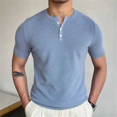 Mens Short Sleeve Knitted Henley Shirt Casual Front Placket Slim-Fit T-Shirts • $23.23
